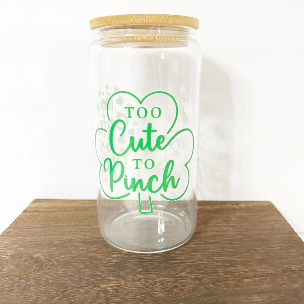 “Too Cute To Pinch” Libbey Glass Can with Bamboo Lid and Straw